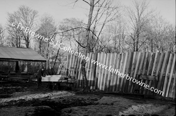 LUMBERING IN LEIX PILE OF WOOD WITH MEN IN FOREGROUND